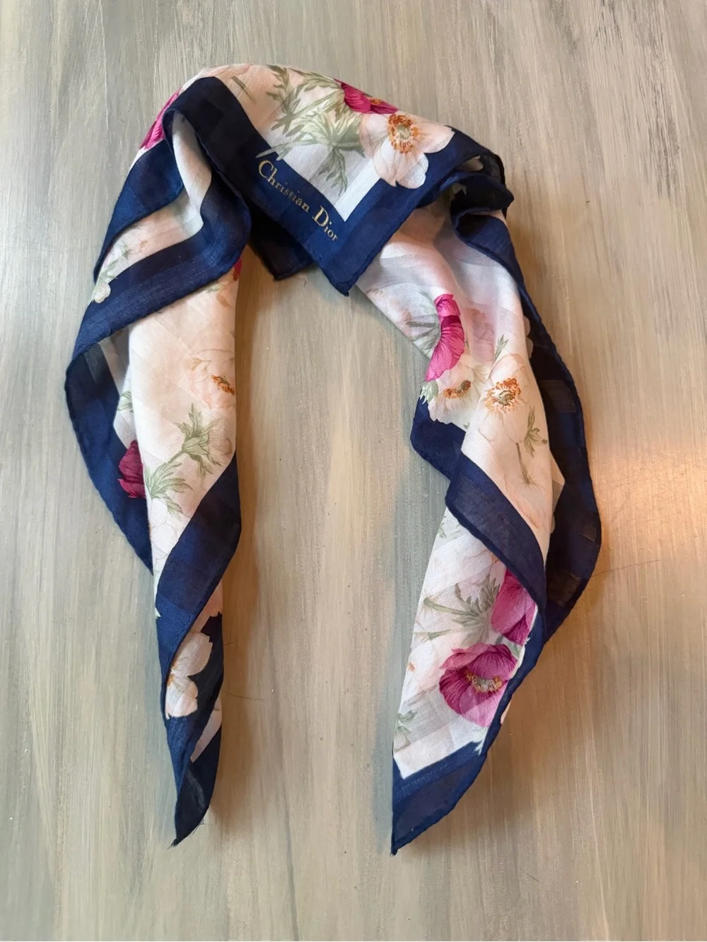 Christian Dior Scarf Blue & White stripes, Floral & Vibrant Pink CD Ribbon
